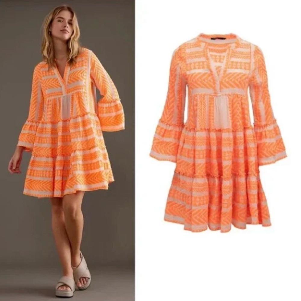 Devotion Twins Orange Boho Embroidered Tiered Mini Dress M Greek Cotton EUC